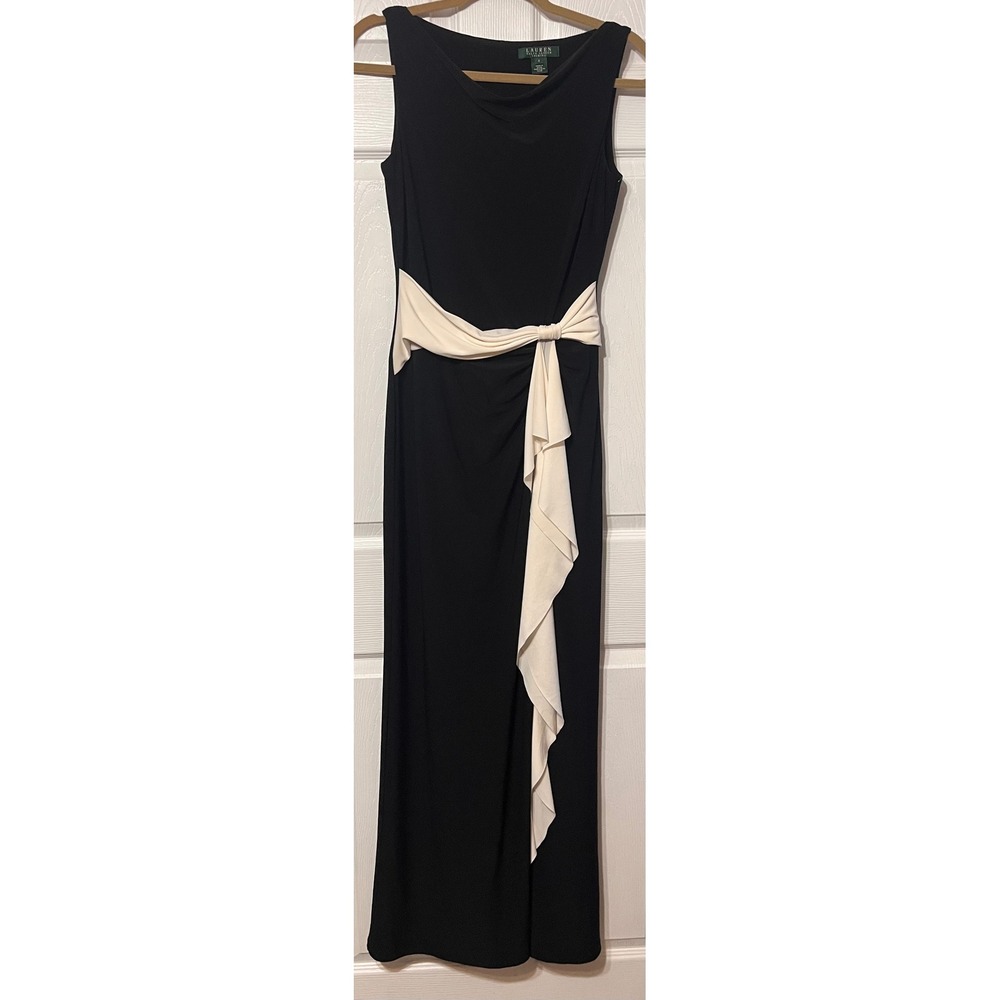 Lauren‎ Ralph Lauren Evening Black Cream Ruffle Sash Gown Dress Sz 6 NEW